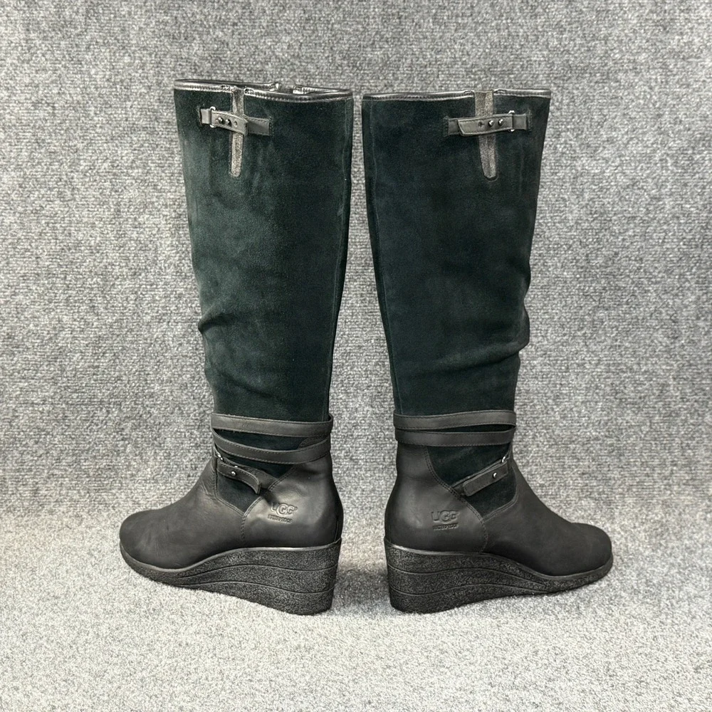 UGG Lesley Wedge Knee High Boots Women's 9 Black Suede Leather Tall Strap Buckle